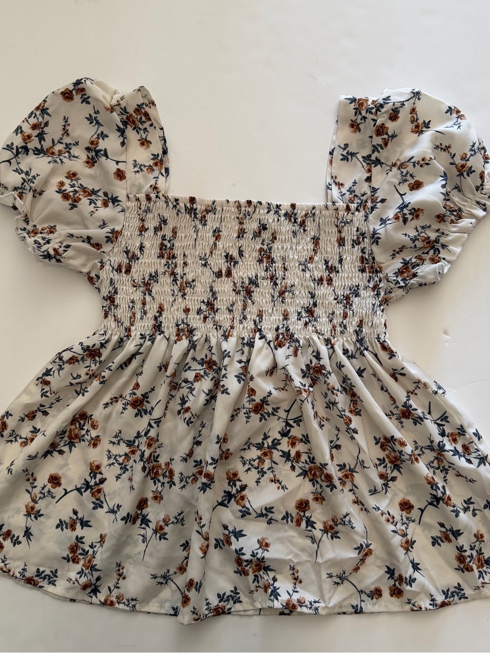 Ivory Puff-Sleeve Floral Smocked Top